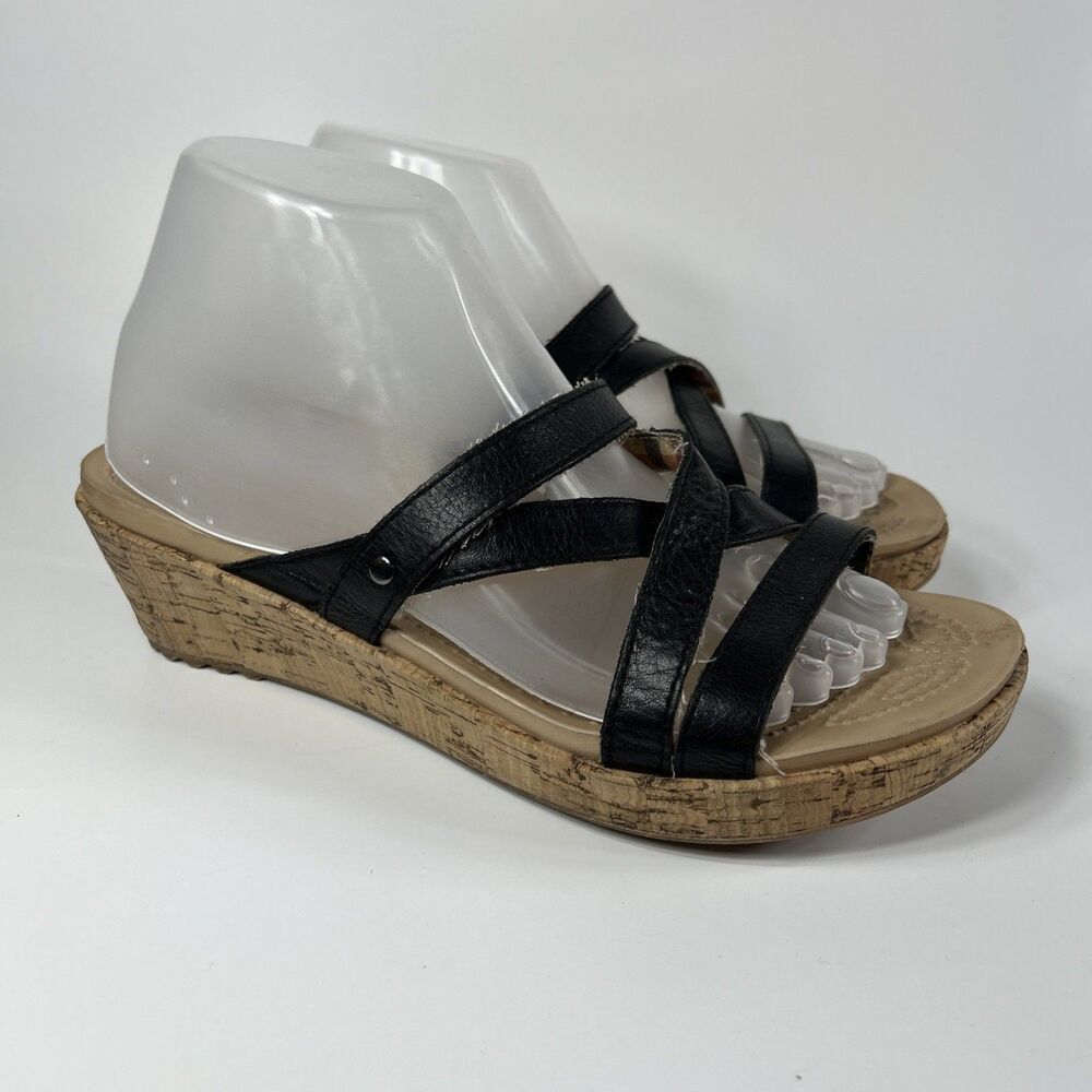 Crocs A-Leigh Wedge Sandals Women’s Size 9W Black Leather Wedge Cork Slip On